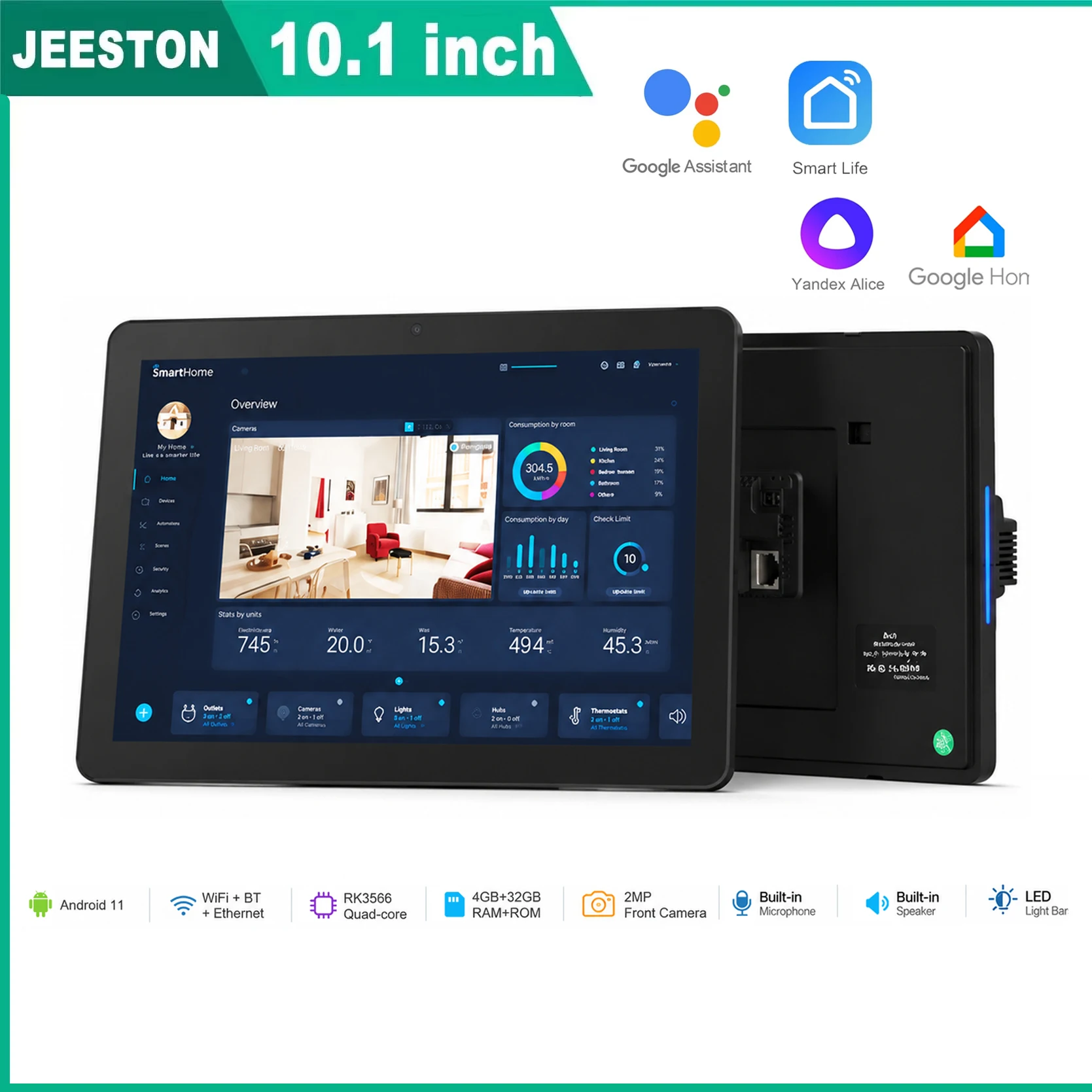 10.1 Inch Inwall Smart Home Control Panel Android 11 RK3566 POE RS485 4GB+32GB Wall Mount Home Automation Touch Screen Display