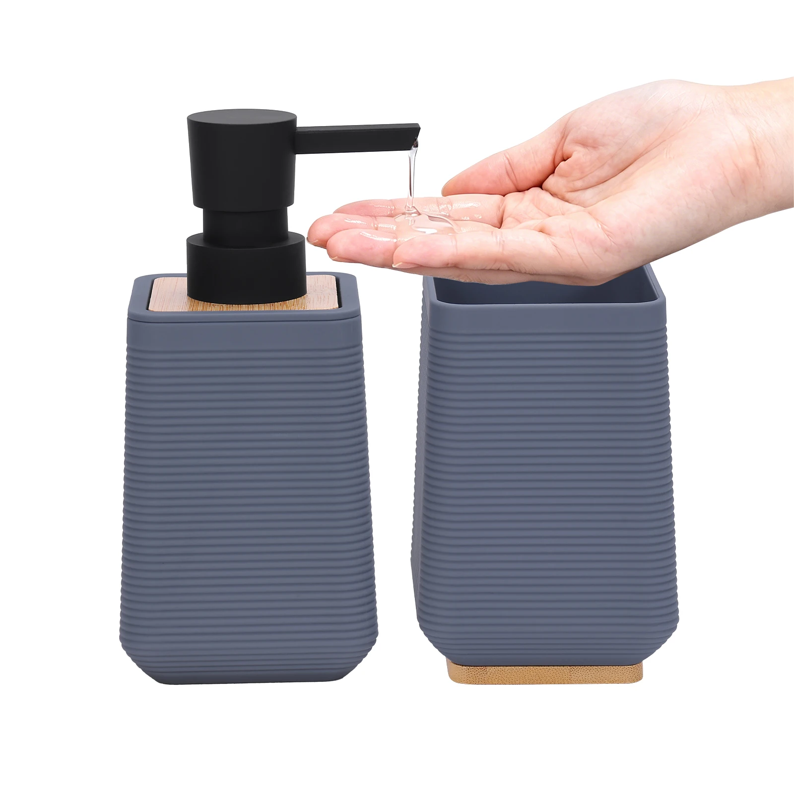 

BATHLUX 2Pcs Bathroom Accessory Set ABS Bamboo Elements Soap Dispenser Toothbrush Holder Cup Non-slip Stripes Light Luxury Decor