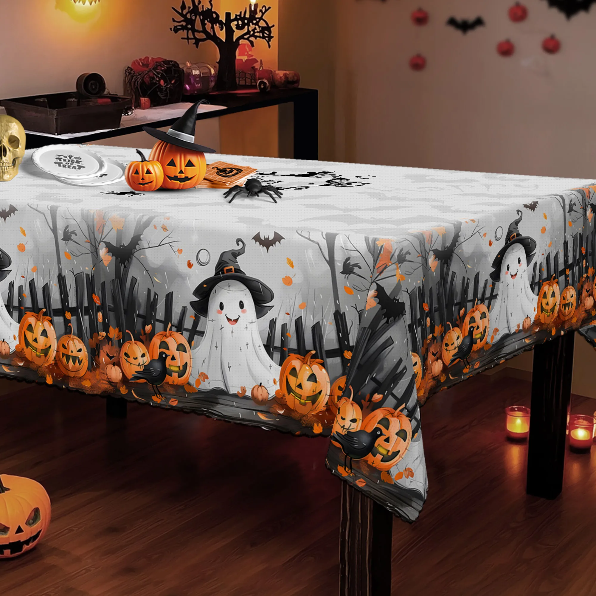 Happy Halloween tablecloth, vintage pumpkin, ghost, crow, forest fence, perfect Halloween and All Souls' Day decoration.
