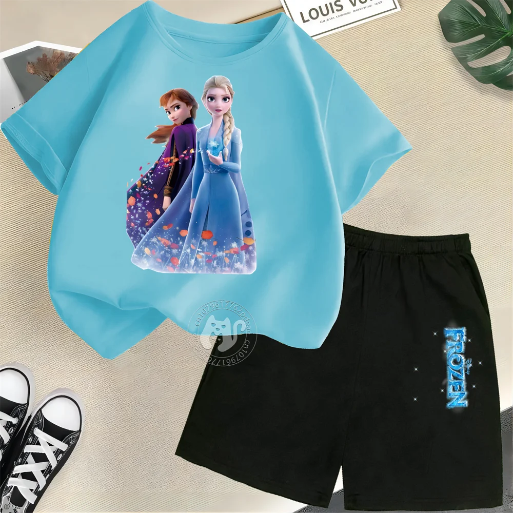 

Anime Cartoon Frozen Print Children's Summer 100% Pure Cotton Round Neck Comfortable T-Shirt Shorts Set For Boys And Girls Aged