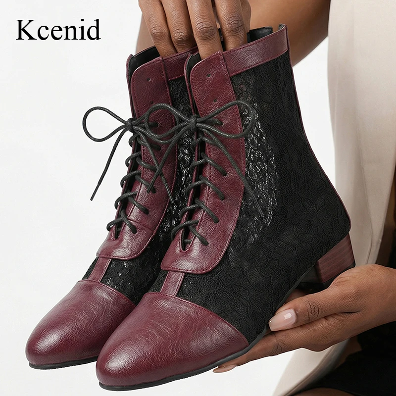 

Винтажные женские ботильоны Kcenid с круглым носком, на шнуровке, короткие, элегантные, с перекрестной шнуровкой, на среднем каблуке, размер 50