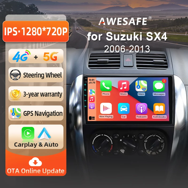 AWESAFE Radio Android 9 pouces pour Suzuki SX4 2006-2013, CarPlay et Android Auto sans fil, navigation GPS, support multimédia, commande au volant, amplificateur de subwoofer, caméra arrière, prise EU, Plug and Play, DAB+, autoradio numérique 2 DIN, stéréo RDS DSP FM WIFI 4G BT