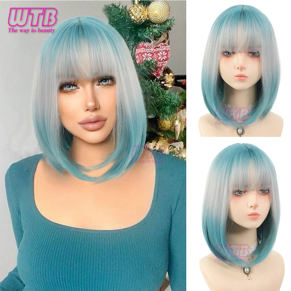 Synthetic Short Cyan gray Bob Wigs For Women Burgundy Bob Wigs With Bangs Heat Resistant Wig Cosplay Halloween Wig