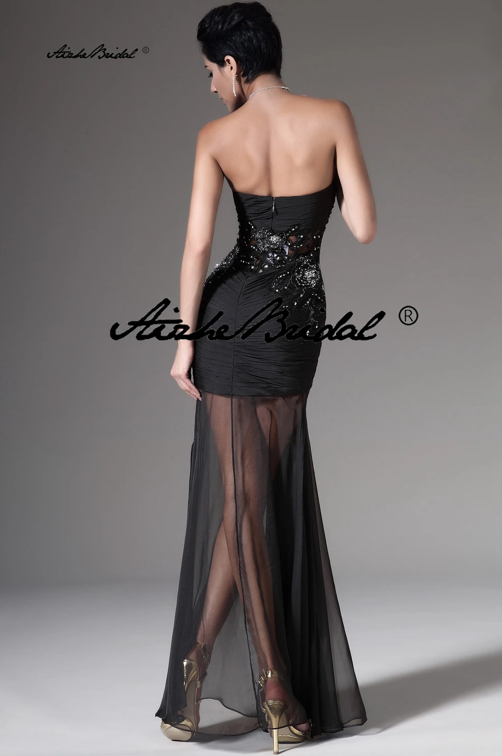 

Черные шифоновые пышные платья, женские длинные вечерние платья с аппликацией из бисера без бретелек, сексуальное иллюзионное вечернее платье