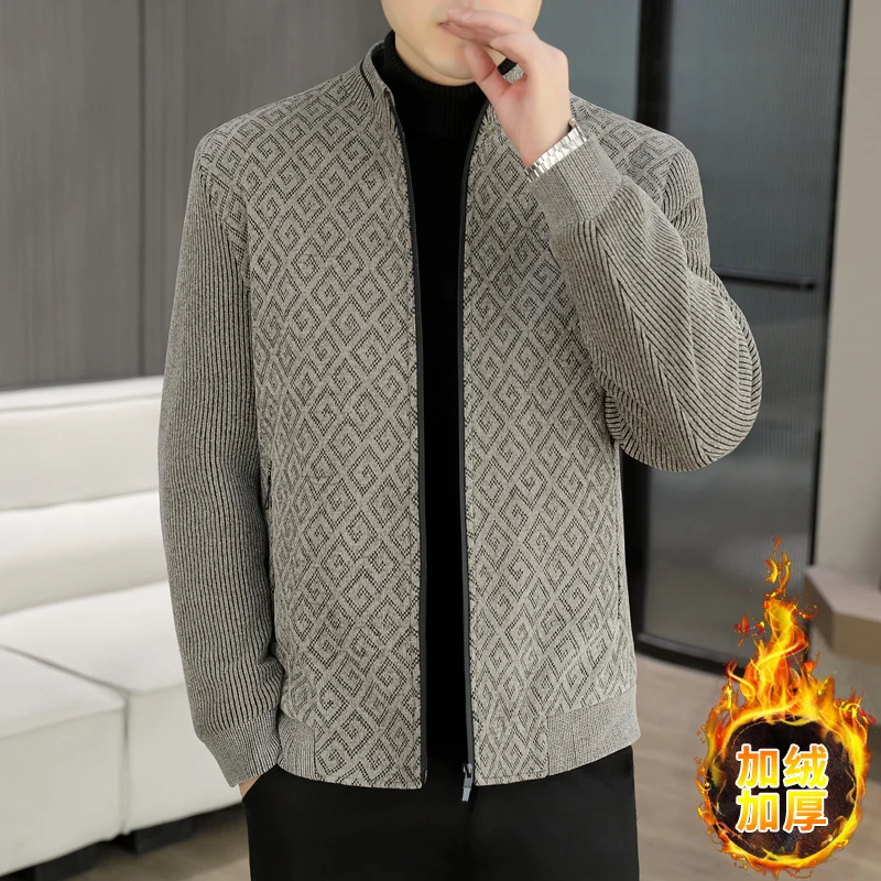 Luxury Autumn Winter Woolen Jacket for Men Fashion Casual Stand Up Collar Plush Thick Coat Zipper Social Windproof Overcoat 2025
