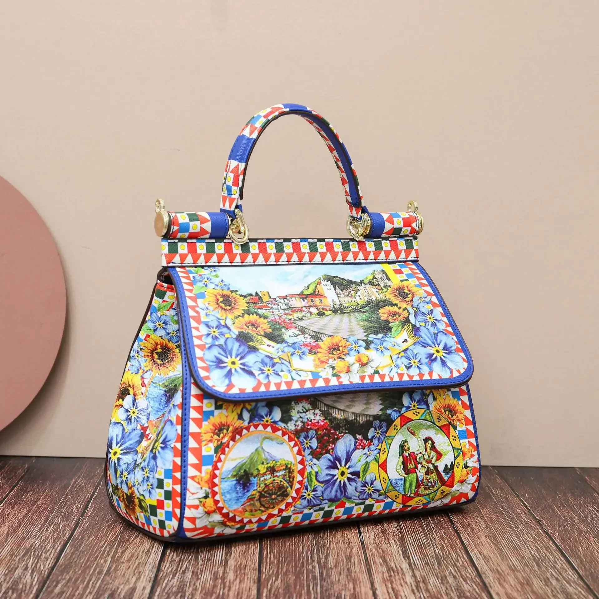 Women Bags Leather Vintage Painting Art Purse Handbags Girl Shoulder Bag Cross Body Messenger Bag Female Totes Braccialini Style