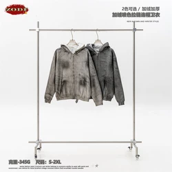 ZODF Fashion Winter Men Paint Zipper Fleece Hoodies Unisex 345gsm Solid High Street Warm Hooded Coat HY0943