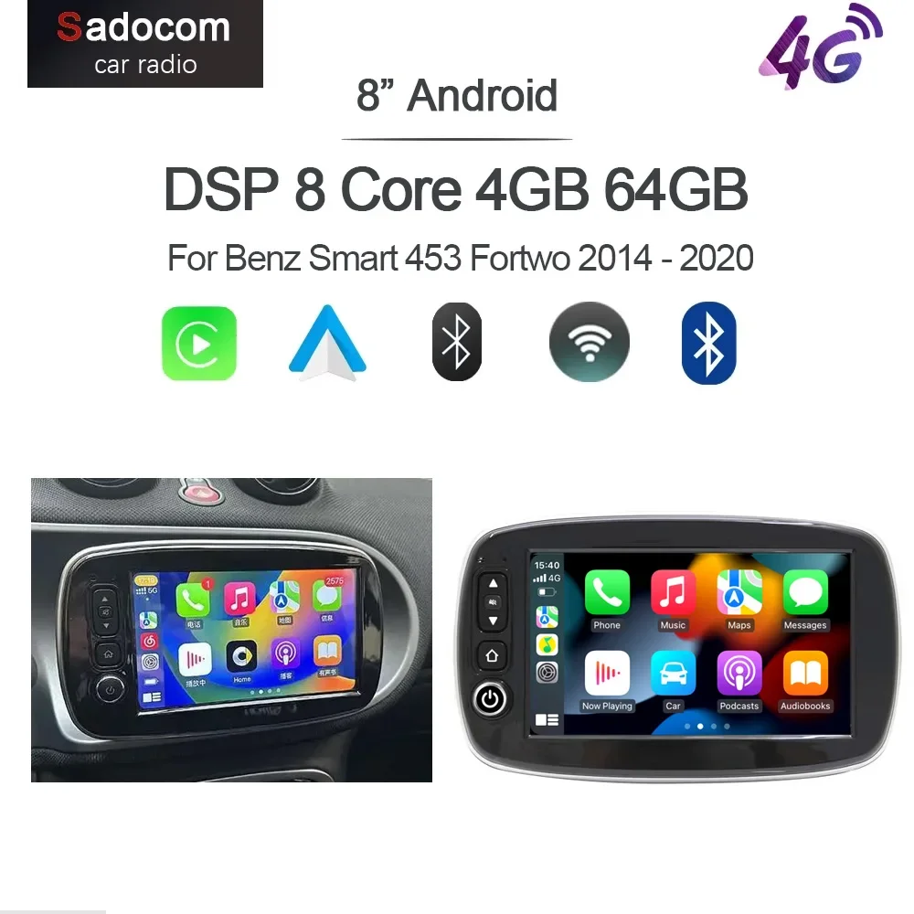 Wireless Carplay Android 14.0 4G+64G 8Core GPS Car android Player radio Wifi multimedia For Mercedes Benz Smart Fotwo 2015-2019
