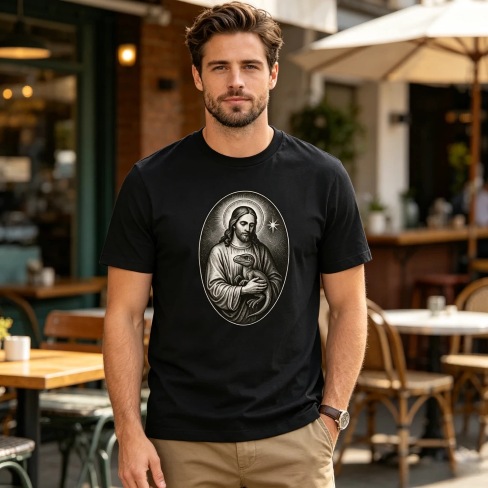 Jesus Holding A Dinosaur Funny Christian Graphic T-Shirt Vintage Engraving Style Jesus Raptor Meme Tee Men Summer Cotton Tops