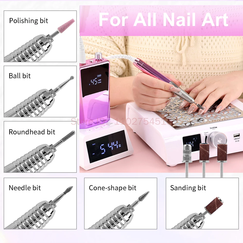 45000RPM Brushless High Speed Cordless Electric Nail Drill Machine 85w Electric Nail File Nail Supplies Manicure Tool with Clock