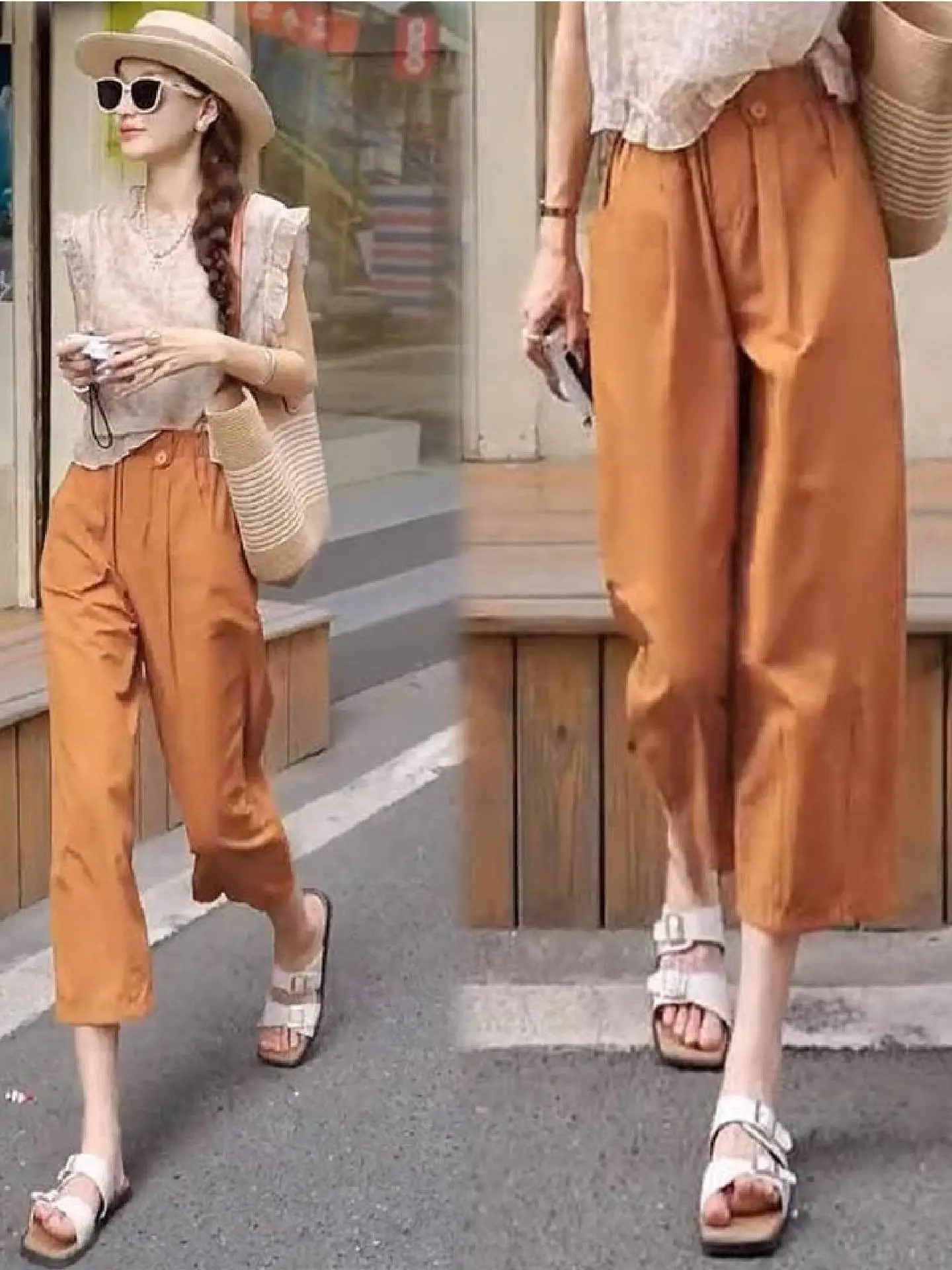 Summer Thin Casual Pants Women's High Waist Bloom Waist Straight Leg Pants Conceal Flattering Hide Hip Breathable Cotton