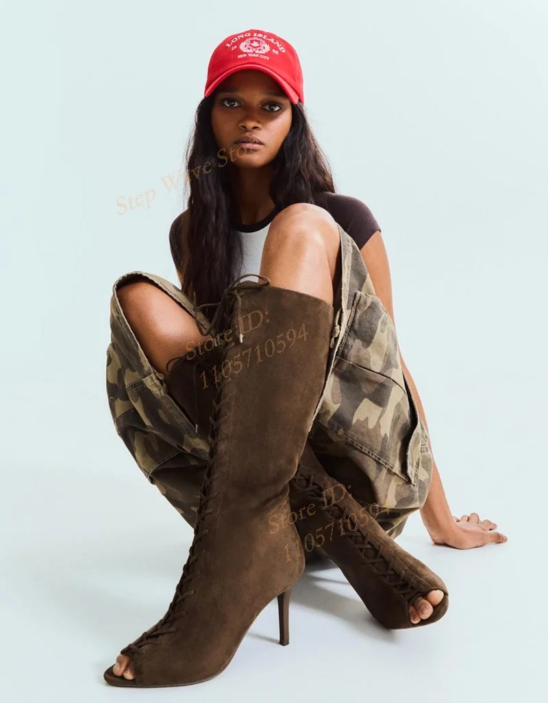 Brown Suede Lace Up Knee High Boots Peep Toe Stiletto Thin High Heel Runway 2026 Winter Autumn Women Dress Shoes Handmade