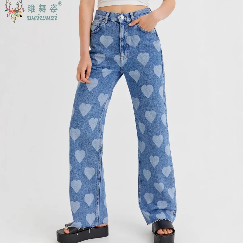 

Harajuku Full Heart Print Women's Jeans Y2K Fashion Wide-Leg Jeans Sexy Hight Waist Pants Autumn New Casual Baggy Denim Trousers