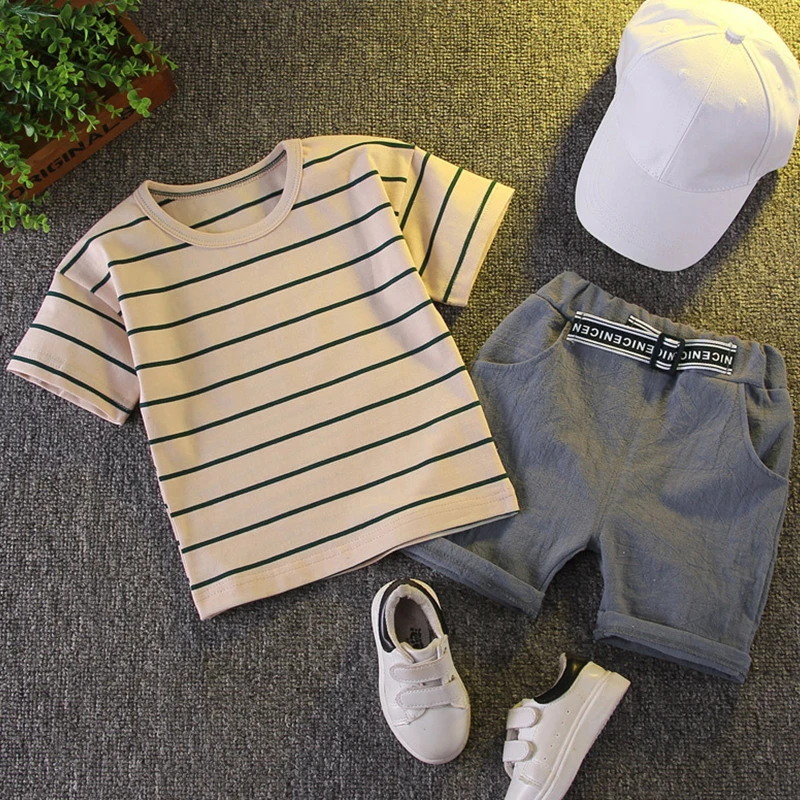 2-częściowy zestaw letnich ubranek Baby Boy Fashion Stripe casualowe bluzki z krótkim rękawem + spodenki dziecięce stroje butikowe dla malucha BC877