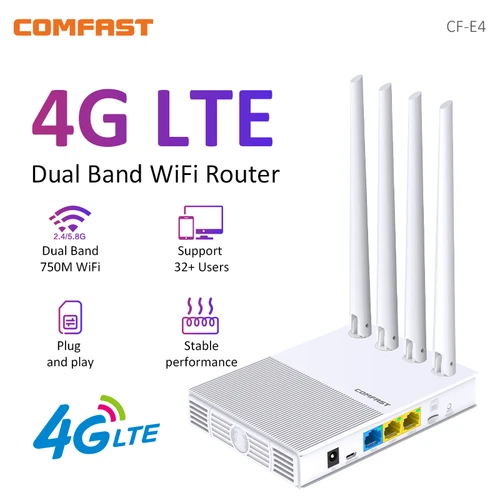 CF-E4 듀얼 밴드 750Mbps WiFi 라우터, SIM 카드 슬롯, 휴대용 플러그 앤 플레이 모뎀, 4 * 5dBi 안테나, 32 사용자, 4G LTE 라우터, 2.4G 및 5.8G 