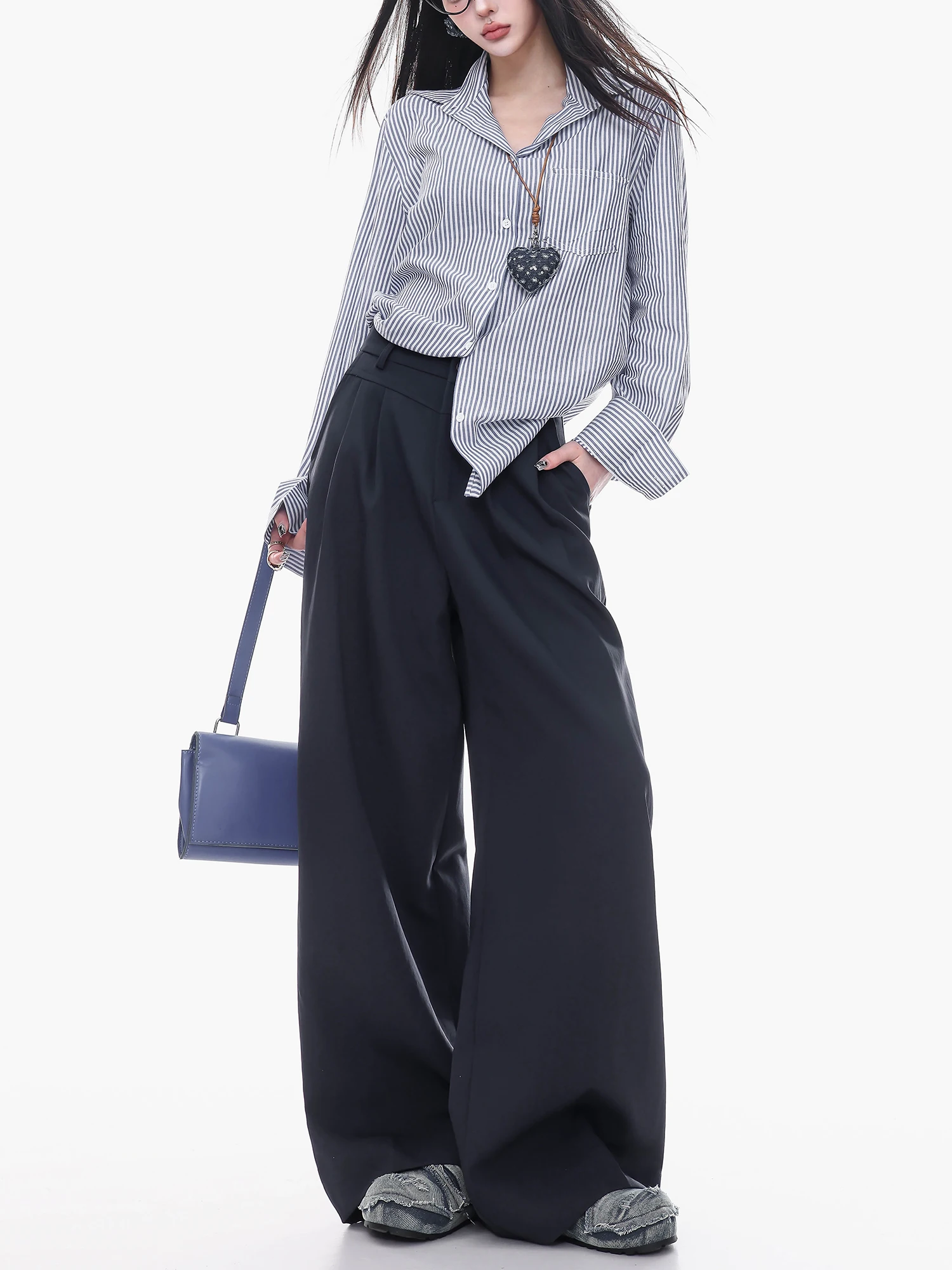 

Оригинальные плиссированные широкие брюки ABWLR для женщин: свободные, прямые, повседневные, для работы и отдыха, с завышенной талией