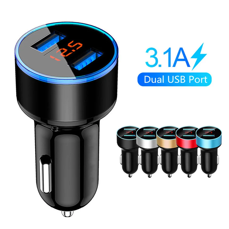 3.1A Dual Usb Car Charger 2 Ports Lcd Display 12V Car Cigarette Lighter Power Adapter Socket Car Phone Charger for iPhone Xiaomi