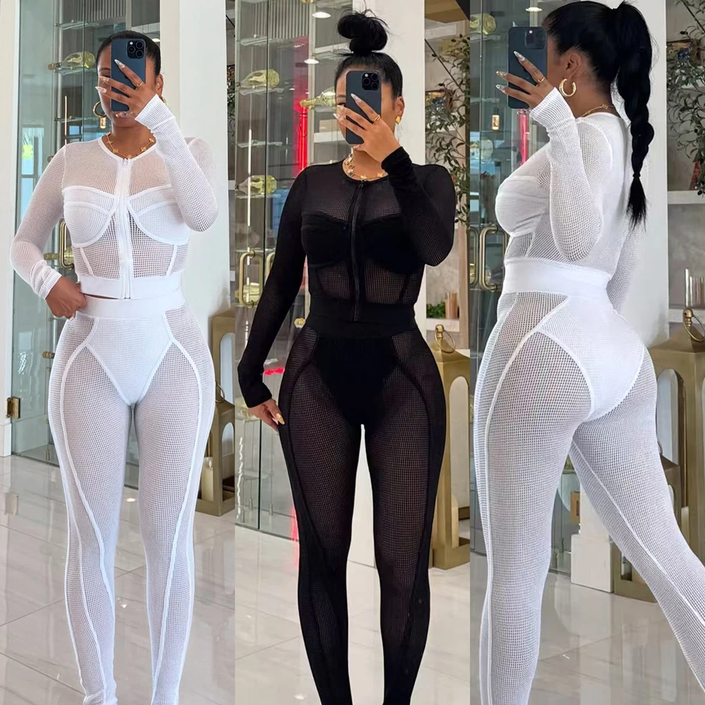 

Fall 2025 Women Baddie Sexy Birthday Outfits Hollow Out Net See Through Long Sleeve Bodycon Top and Legging Matching 2 Piece Set
