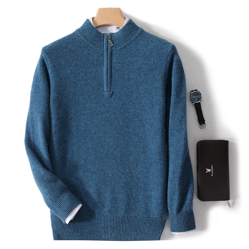 Men's Mock Neck Sweater 100% Merino Wool Knitwea Pullovers Simple Zipper Tops Basic Soft Comfort Warm Chic Casual Long Sleeve