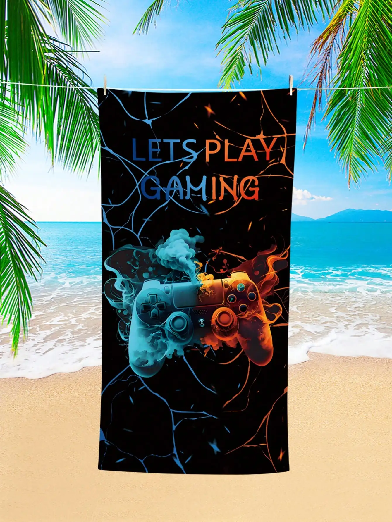 Cool Game Controller Patterned Beach Towel, Sun Protection, Windproof, Suitable For Swimming Pools, Camping, And Travel.