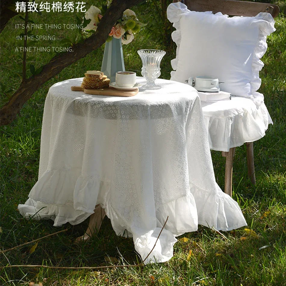 French Ruffle Cotton White Tablecloth, Tea Table Decoration, Rectangle Table Cover for Kitchen Wedding Dining Party Decor