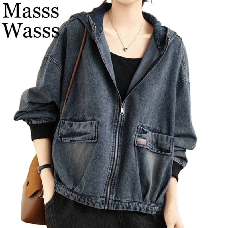 Masss Wasss Punk Spring Vintage Hooded Ladies Denim Jackets Fashion Leisure Classic Outerwear Loose Harajuku Streetwear Clothes