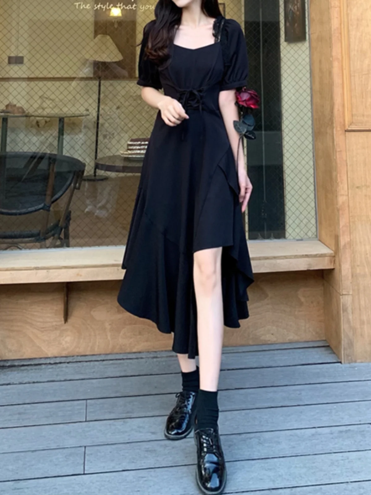 

Plus Size plus Size Women's Summer Dr Bla Hepburn Sle Belted Slimming Strapl Midi Skirt High Waist Princ Sle Lace Splice