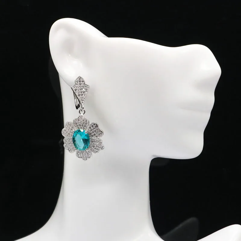 40x20mm Eye Catching Big Heavy Blue Aquamarine Pink Raspberry Rhodolite Garnet CZ Women Dating Silver plated Dangle Earrings