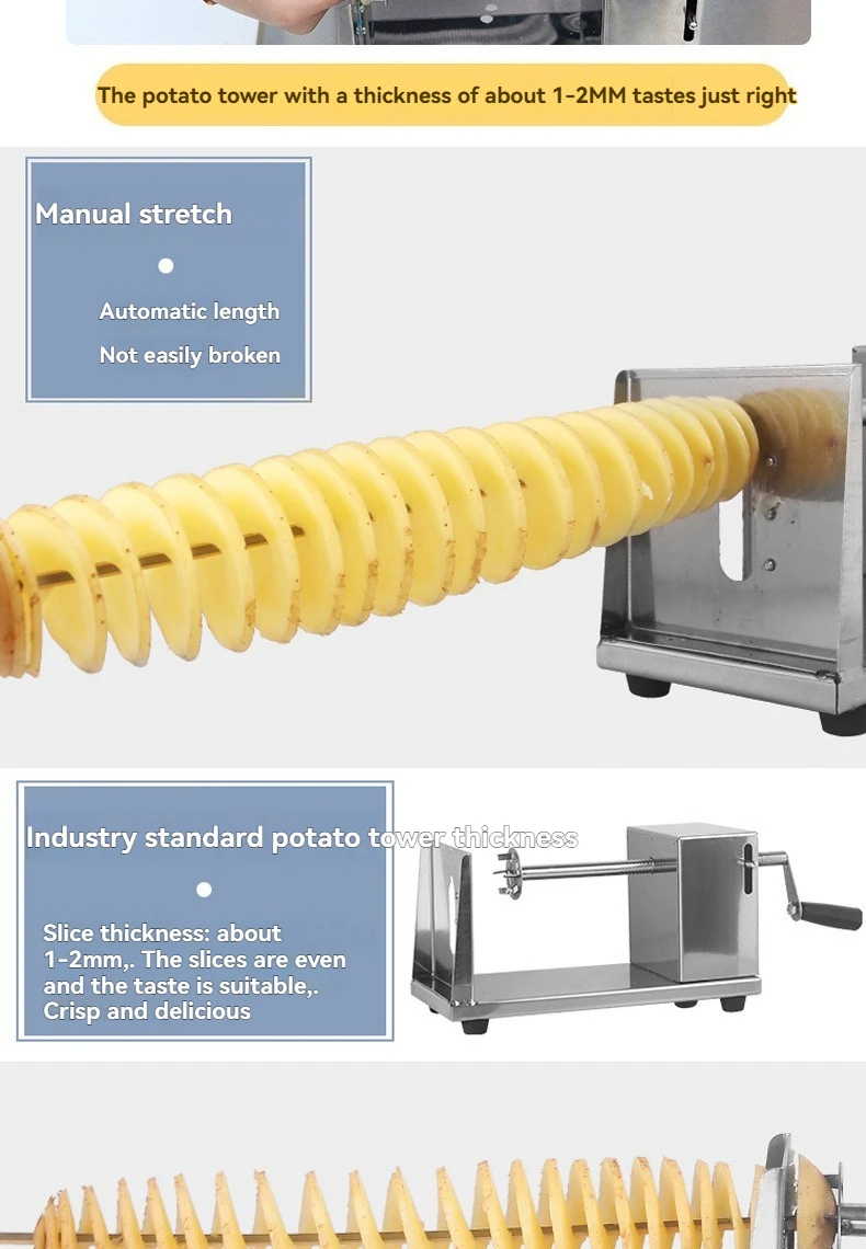 Commercial Manual Potato Tower Machine, Stainless Steel Semi-Automatic Slicer, Hand-Crank Cyclone Spiral Cutter for Street Food