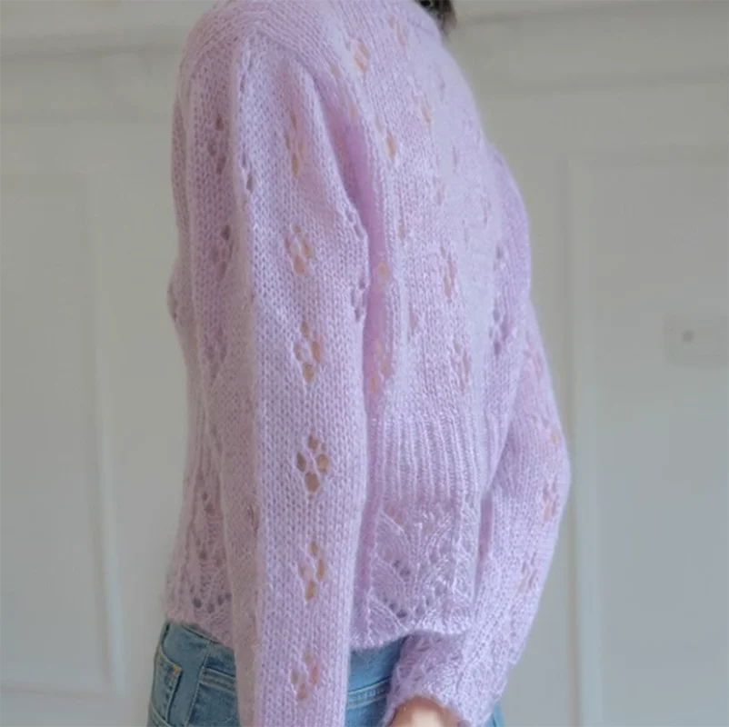 Cardigans de malha mohair roxo para mulheres, decote em v vintage, suéter fino oco, casaco suave, tops curtos elegantes, primavera e outono