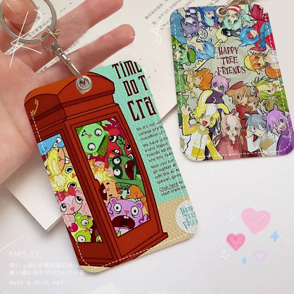 Classic Horror Animation H-Happy Tree Rectangle ID Card Case Keychain Access Card Bag Key Tag Ring Leather Card