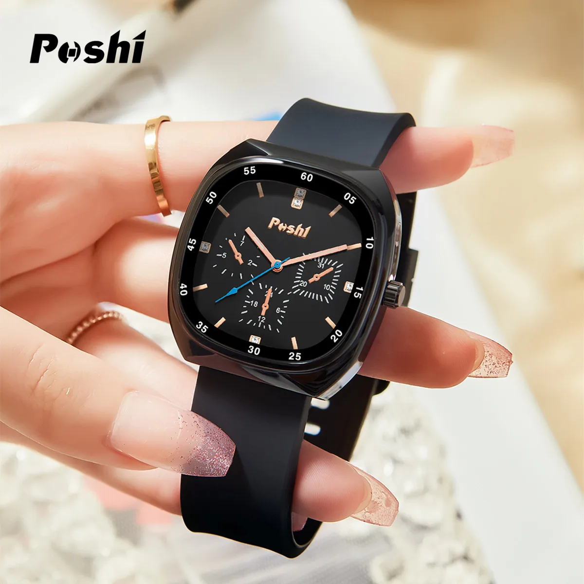 POSHI Fashion Watch for Women Square Quartz Wrist Watches Soft Silicone Strap Green Color Casual Ladies Bracelet Gift