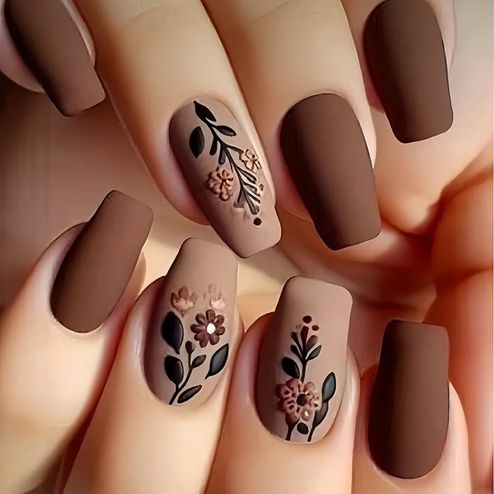 أظافر صناعية قصيرة متوسطة الحجم أرجواني أزرق أحمر بني زهور سوداء فراشة خريف شتاء مربعة أطراف أظافر باليه اضغط على أظافر صناعية #6