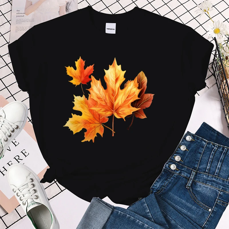 (Premium T-shirt)Fall Maple Leaf Print T-Shirts For Women Summer Funny Round Neck Short Sleeve Casual T-Shirts