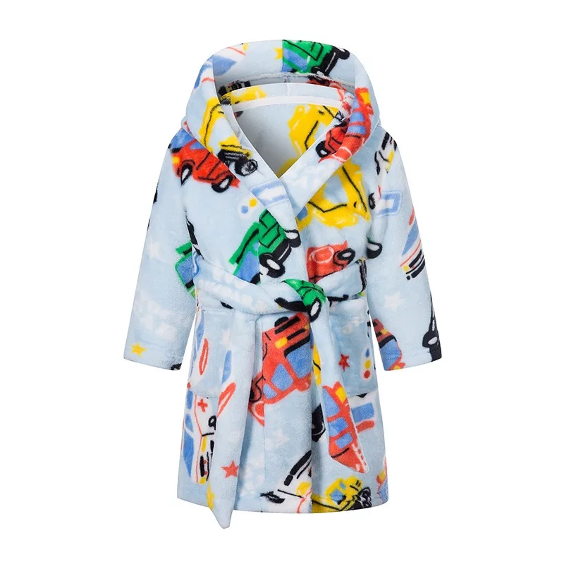

Kids Car Printed Flannel Bathrobe Baby Boy Cartoon Hooded Pajamas Children Soft Bath Robe Nightgown Teenager Toddler Clothing