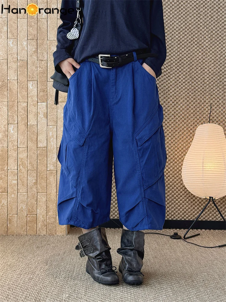 HanOrange 2026 Summer High Waist 3D Pleated Pocket Calf-Length Jeans Women Loose Cropped Denim Capris Military Green/Blue