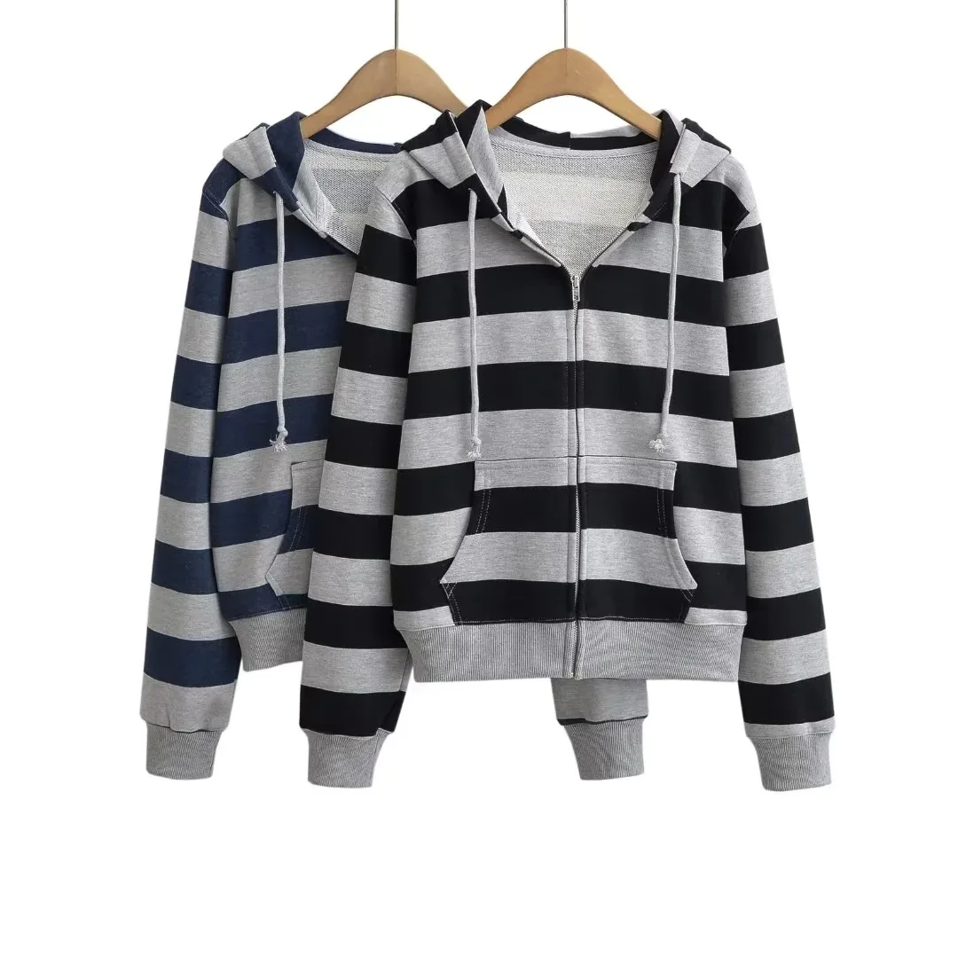 Autumn Winter Harajuku Contrast Striped Hooded Sweatshirt Women Long Sleeve Open Zipper Loose Hoodies Casual Sweats Black Navy