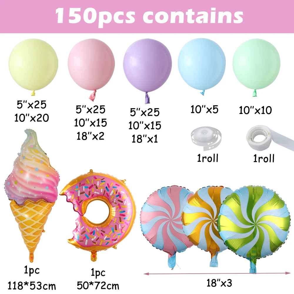 150 pçs grande tema de sorvete balão guirlanda mini donut macaron globos para chá de bebê meninas festa de aniversário decoração crianças brinquedos