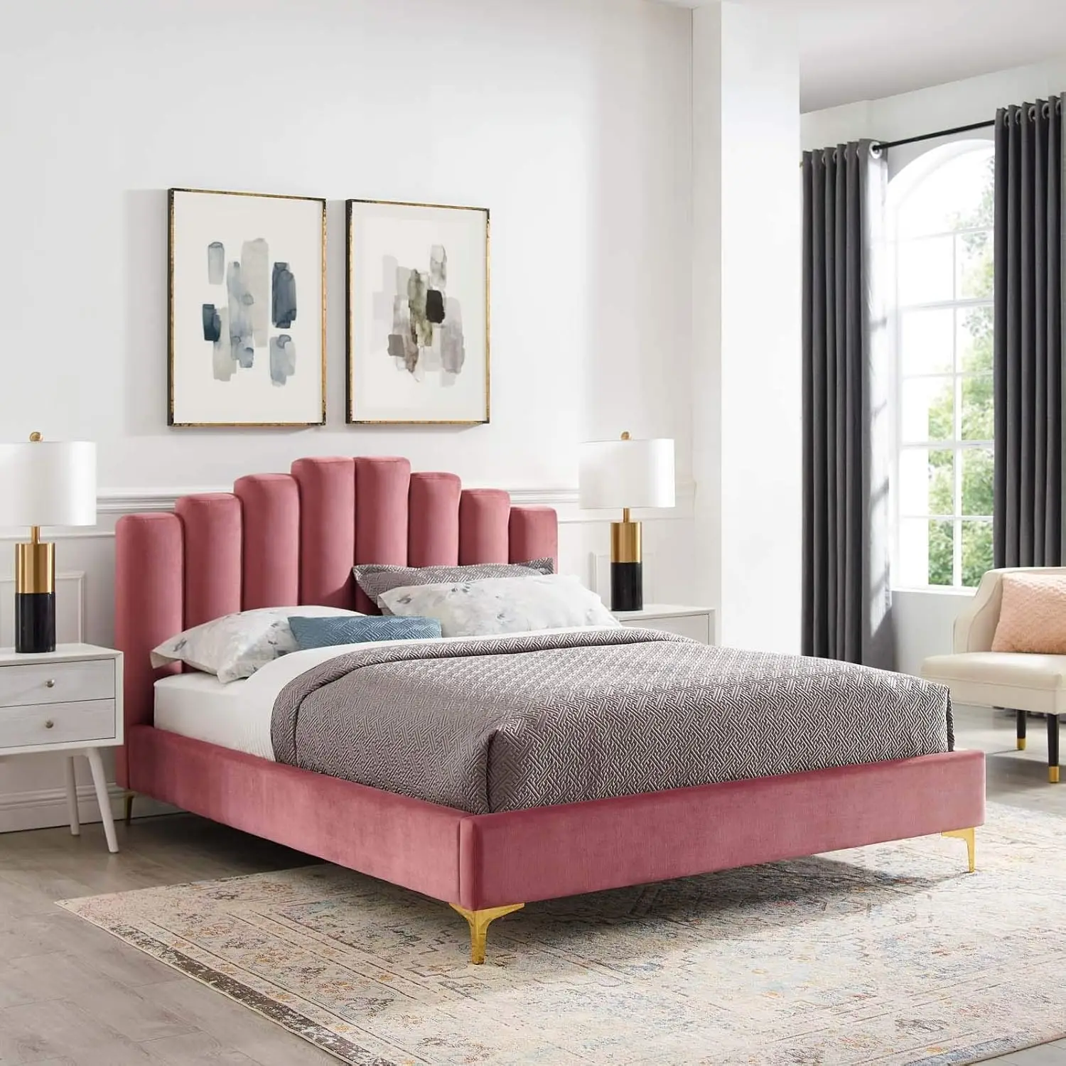 Queen Size Bed Frame with Adjustable Headboard/No Box Spring Need/Easy Assembly/Dusty Rose 2025 USA