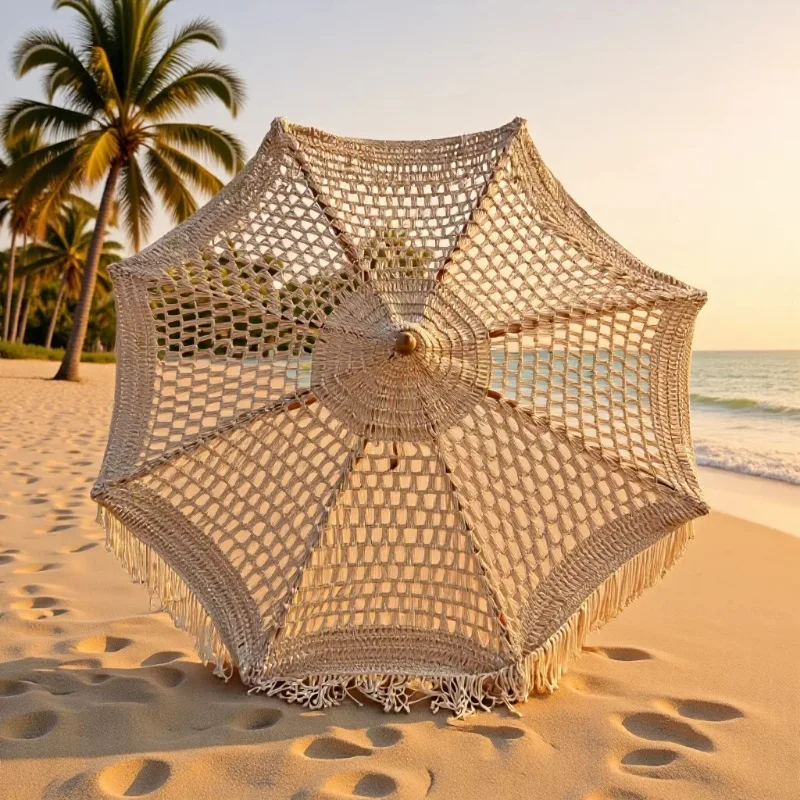 Outdoor handmade rope woven sun umbrella net rope fringed pull rope decorative sunshade beach umbrella