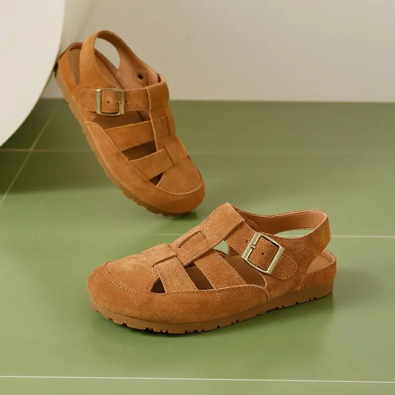 

Летняя обувь в стиле ретро, женские сандалии из натуральной кожи, мягкая замшевая кожаная обувь, нескользящие брендовые женские сандалии на плоской подошве, желтый, коричневый D449