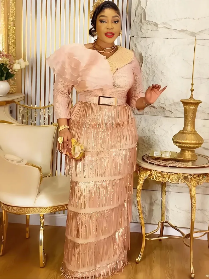 

Plus Size African Party Dresses for Women 2025 New Dashiki Tassel Sequin Wedding Evening Gown Elegant Turkey Muslim Maxi Dress