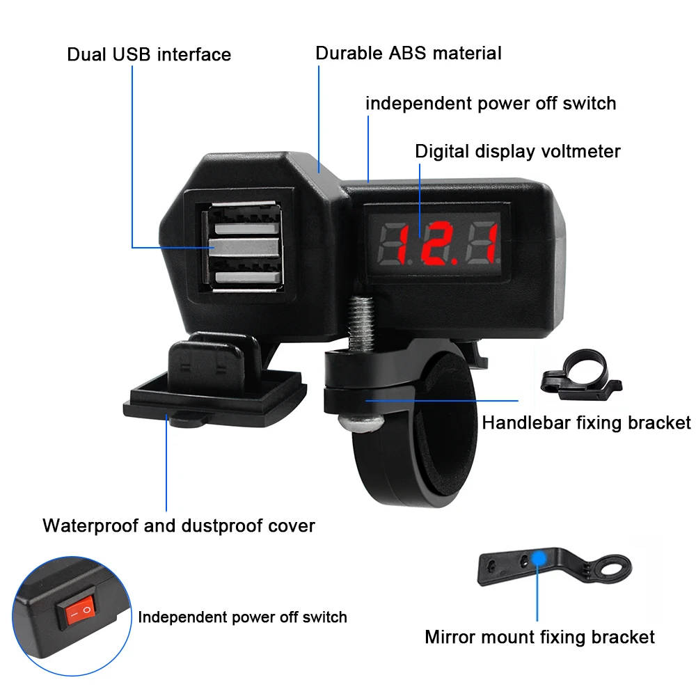 10-24V Dual USB Socket with Cigarette Lighter Digital Voltage Meter Motorcycle Charger ON/OFF Switch 3.4 A Quick Charge 3.0