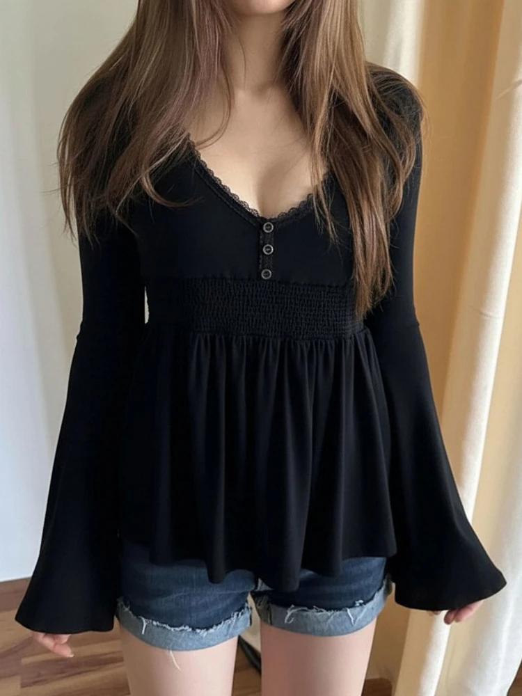 Y2k Aesthetics Lace Patchwork T-shirt Women Harajuku Casual Vintage Pleated Tops 2025 Autumn A-line Grunge Flare Sleeve Tees