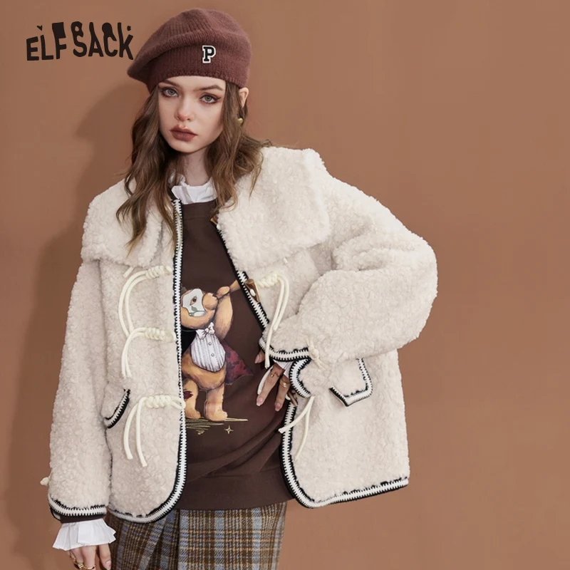 

ELFSACK White Fluffy Cotton Coats Women 2022 Autumn/Winter Warm Outerwears