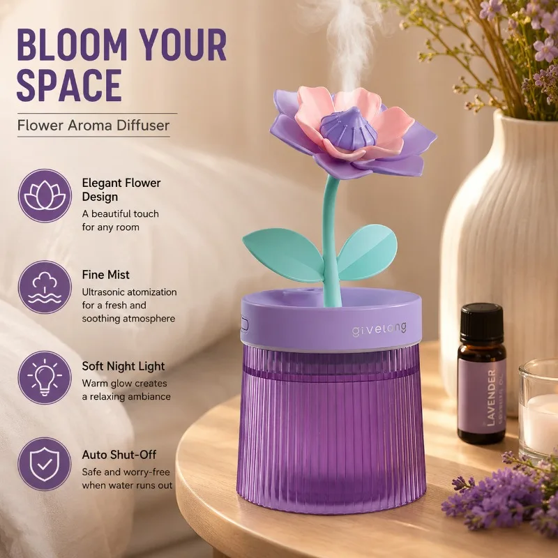 Flower Aroma Diffuser USB Humidifier Essential Oil Aromatherapy Night Light Quiet Air Freshener Home Decor Gift