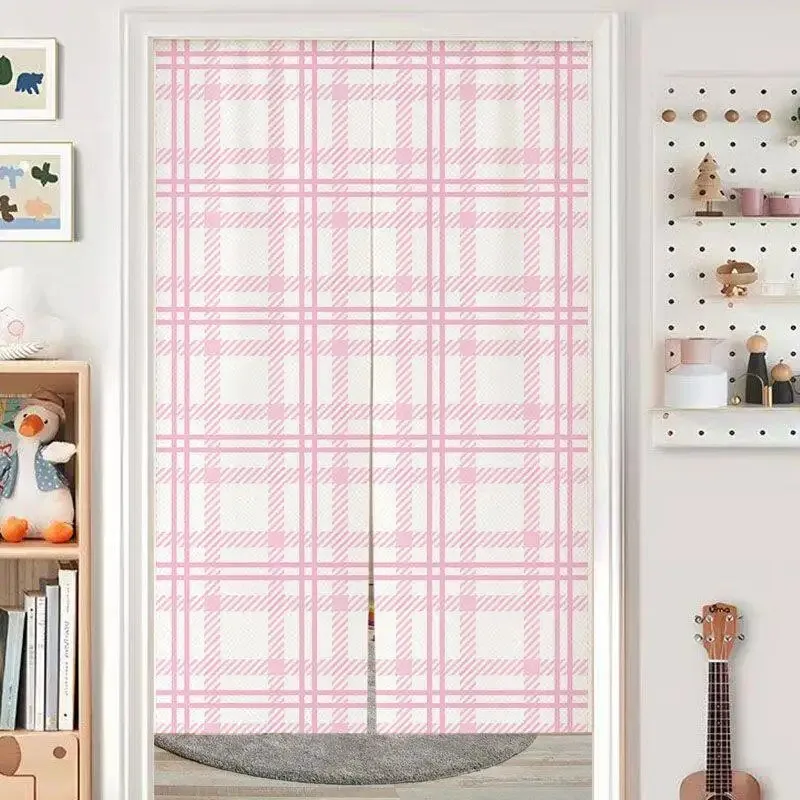 VIKAMA Pink and White Checkered Print Half-Door Curtain, No-Drill Privacy Curtain, Home Decor for Bedroom Doorways