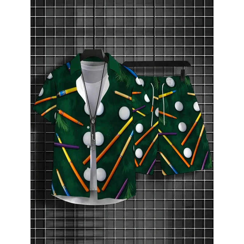 Men's Green Billiards Printed Two-Piece Set Short Sleeve Shirt Long Pants Polyester Lightweight Durable Beach Casual Outfit - view 3