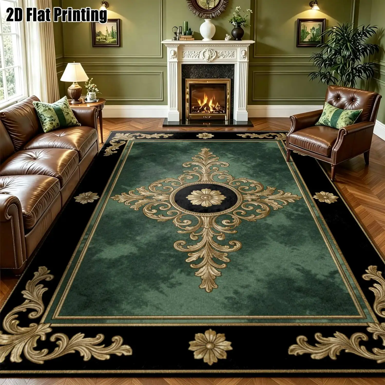 1Pc 2D Printed Ink-Green Gold Carved European Retro Light Luxury Home Carpet, Multi-Size, Machine Washable, for Entryway, Dining Room, Bedroom, Study, Living Room