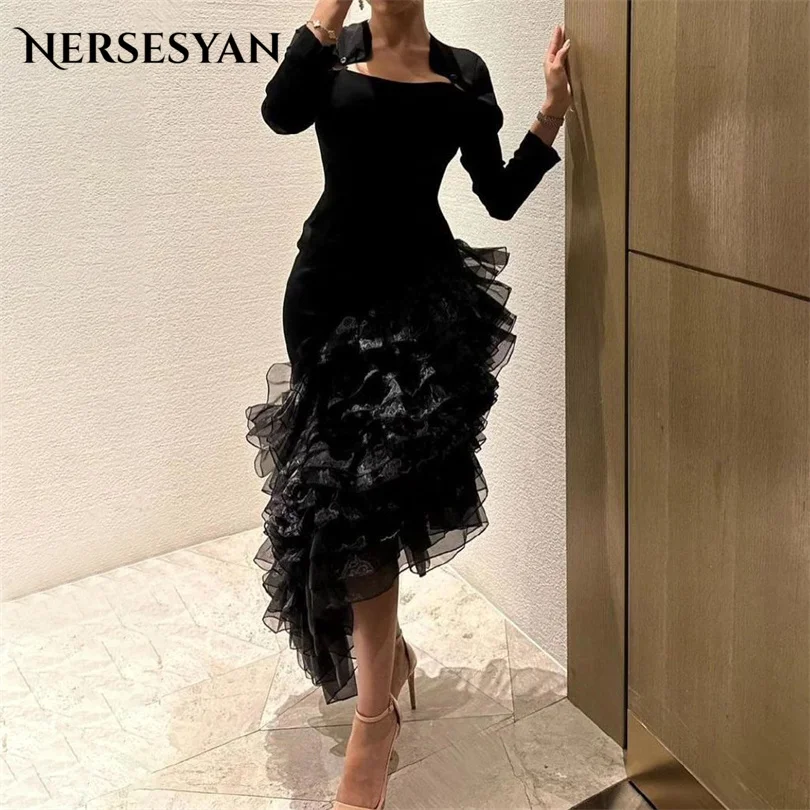 

Nersesyan Stylish Black Chiffon Cocktail Party Gowns Long Sleeves Ruffled Pleats Graduation Evening Dresses Mermaid Prom Dress